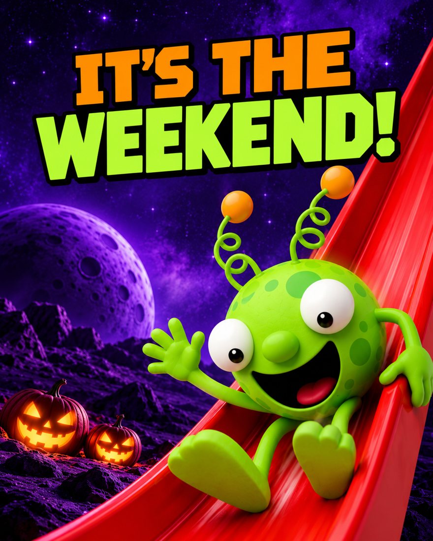 The Kidz Planet alien waving as it whizzes down a red slide