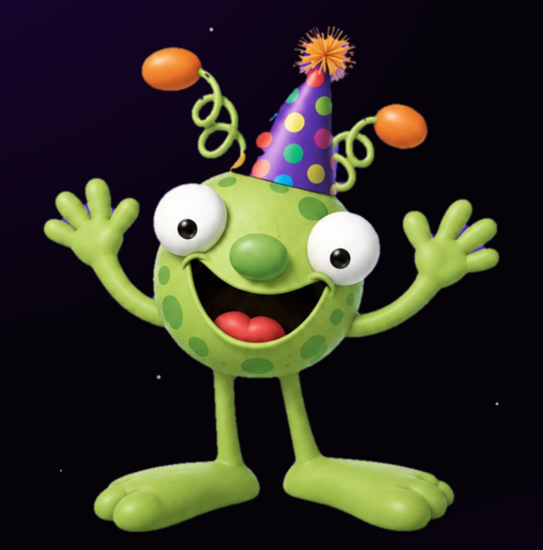 The Kidz Planet alien in a party hat